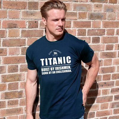 Titanic T-Shirt Built By Irishmen, Sunk By An Englishman, Navy Colour